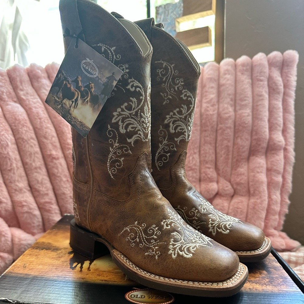 Toddler Girls Old West Tan and Cream Embroidered Boots